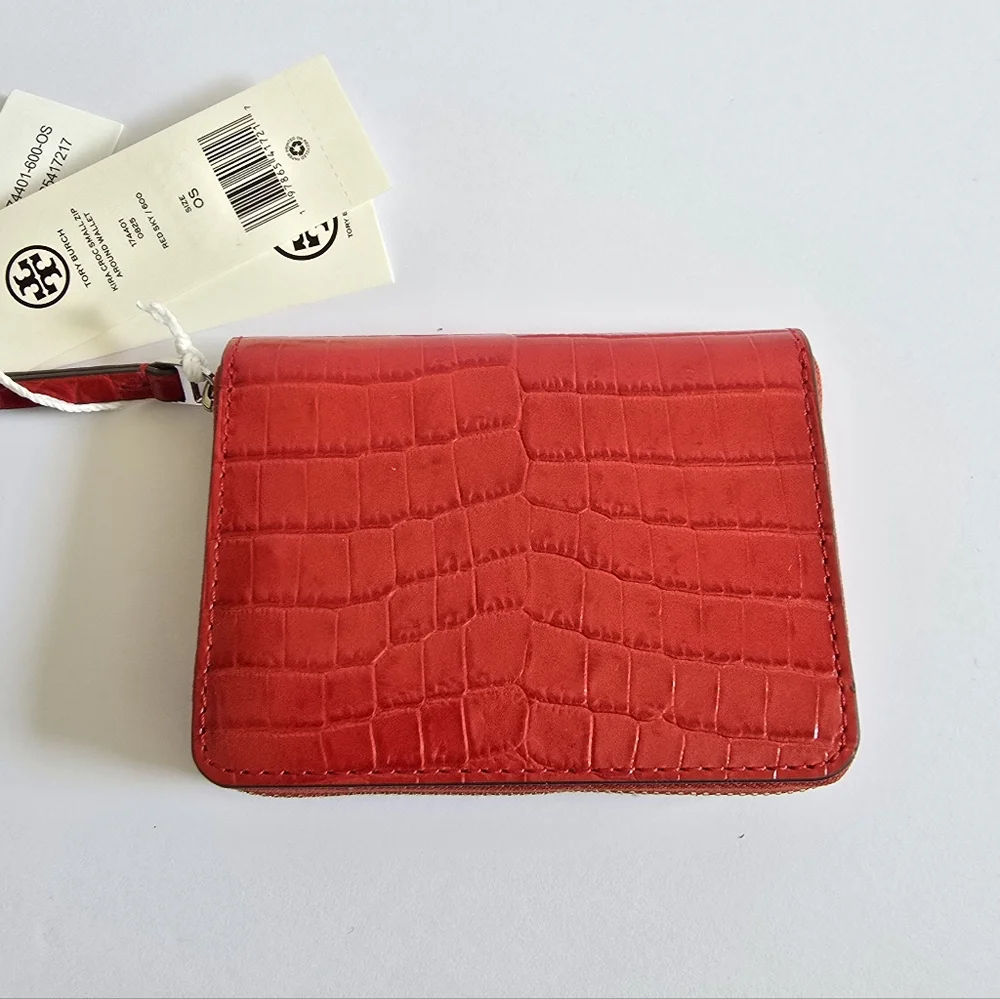 Tory Burch Small Kira Croc-Embossed Leather Zip-around Wallet Red Sky - Picture 5 of 8